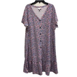 J Jill Floral Dress XL Pink Blue Button Front Short Sleeve Tiered Midi